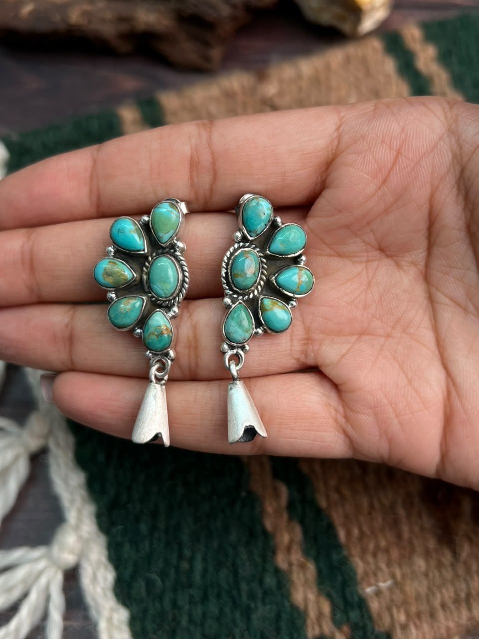Handmade Sterling Silver Kingman Turquoise Post Squash Blossom Dangle Earrings Signed Nizhoni