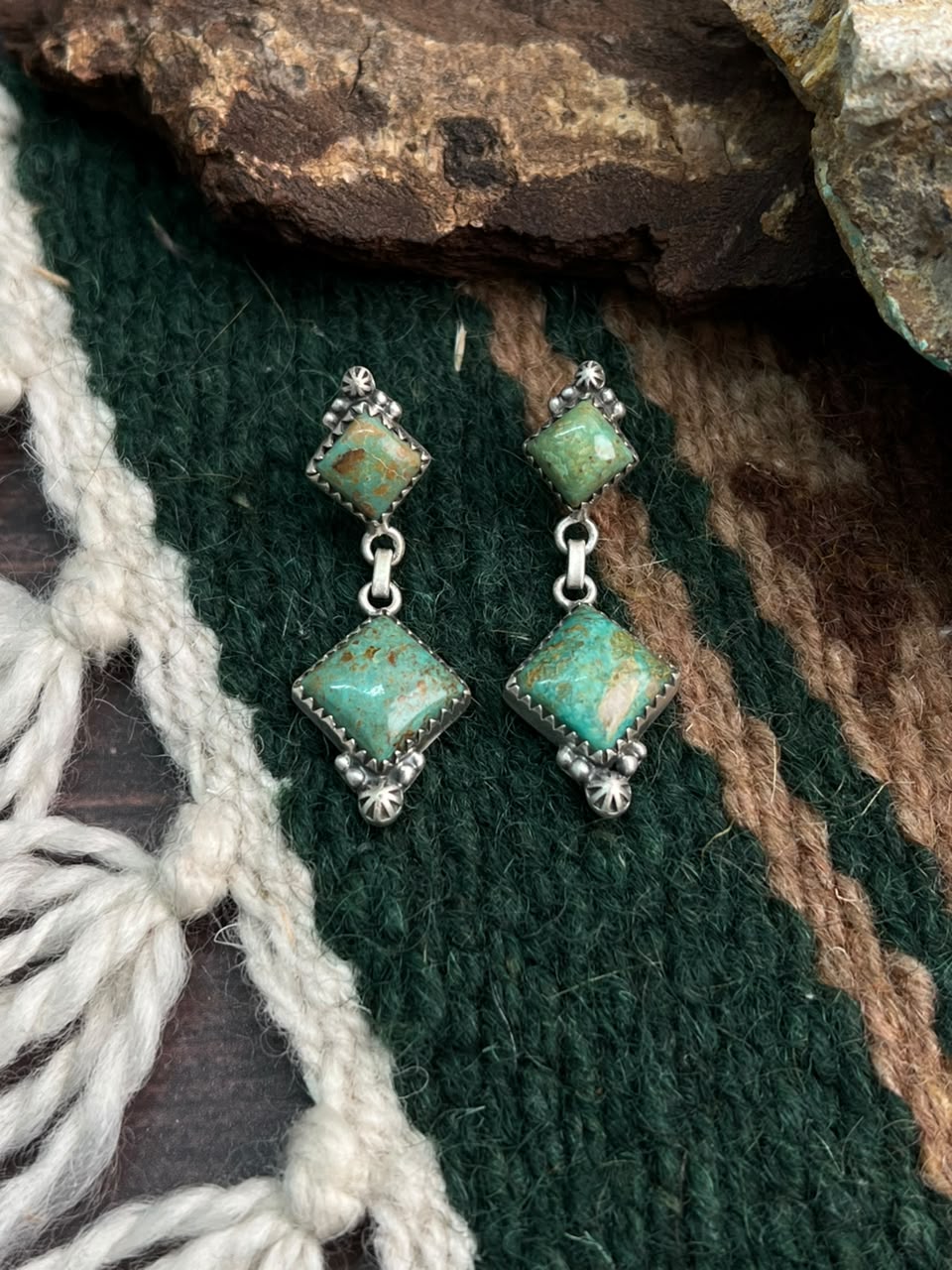 Handmade Sterling Silver Royston Turquoise Post Dangle Earrings Signed Nizhoni