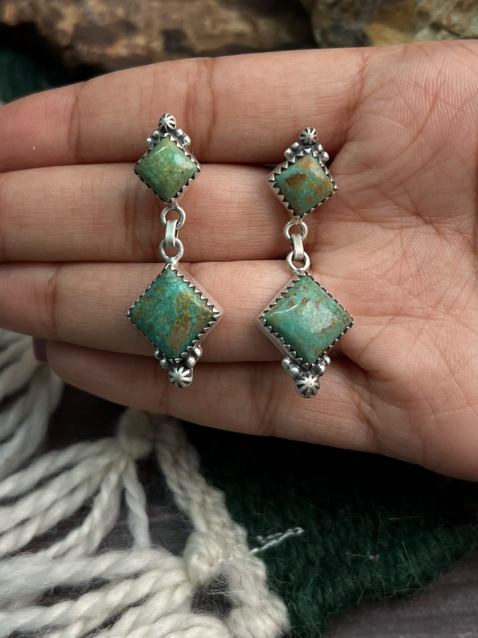 Handmade Sterling Silver Royston Turquoise Post Dangle Earrings Signed Nizhoni