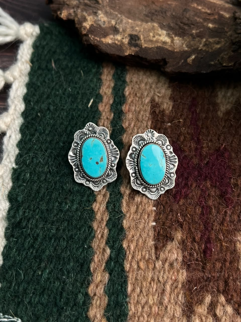 Handmade Sterling Silver Green Kingman Turquoise Post Studs Earrings Signed Nizhoni