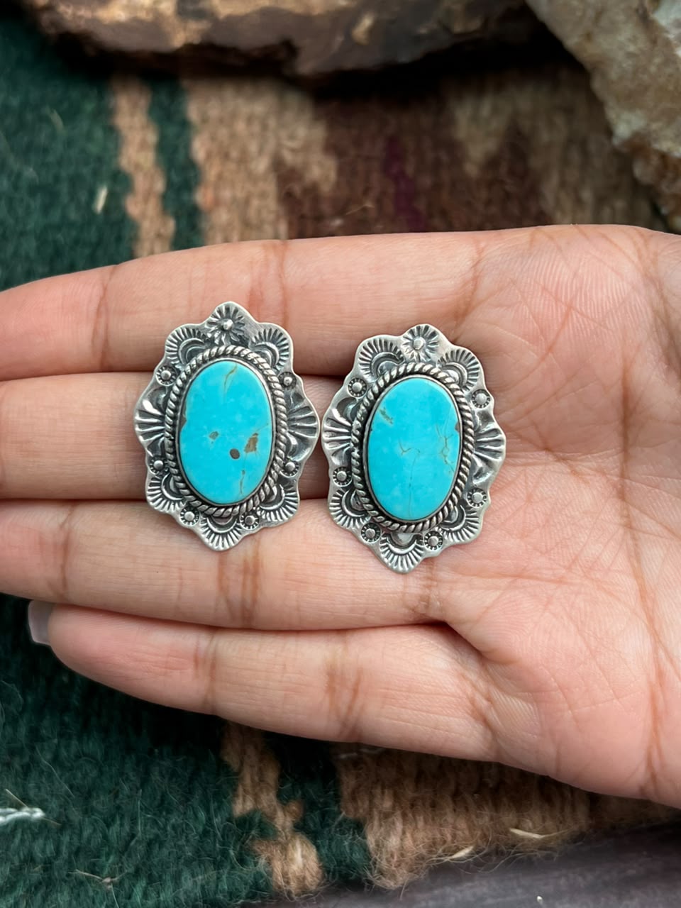 Handmade Sterling Silver Green Kingman Turquoise Post Studs Earrings Signed Nizhoni