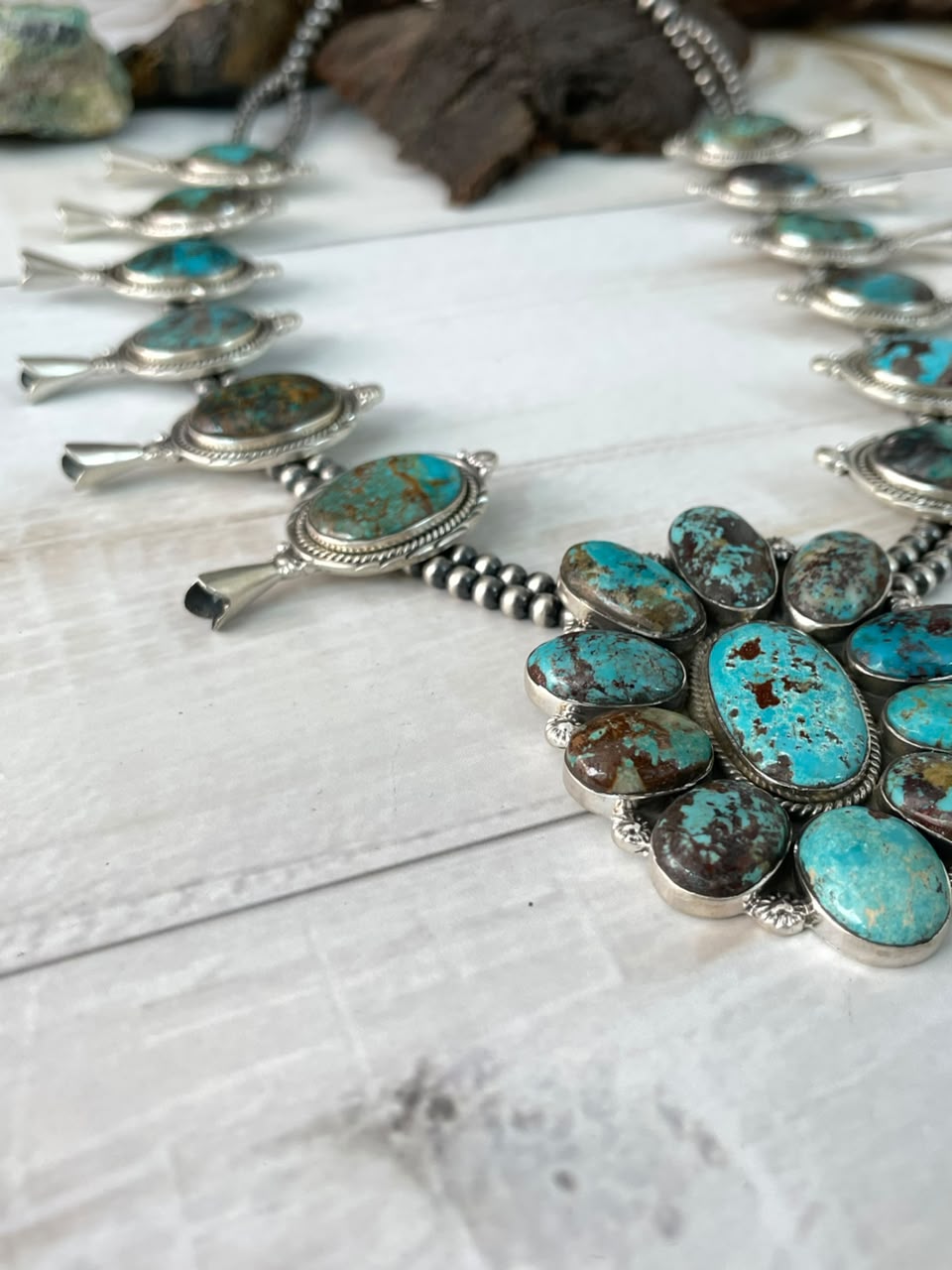 Handmade Sterling Silver Crimson Cowgirl Turquoise Collection: Beaded Squash Blossom Necklace Signed Nizhoni
