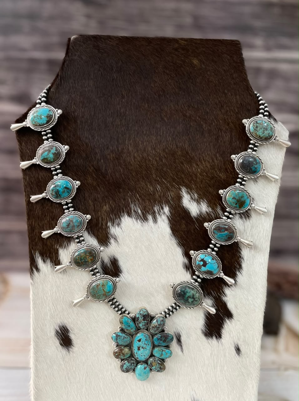 Handmade Sterling Silver Crimson Cowgirl Turquoise Collection: Beaded Squash Blossom Necklace Signed Nizhoni