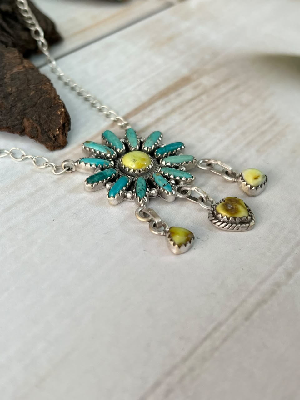 Handmade Sterling Silver Palomino with Kingman Turquoise Necklace Signed Nizhoni