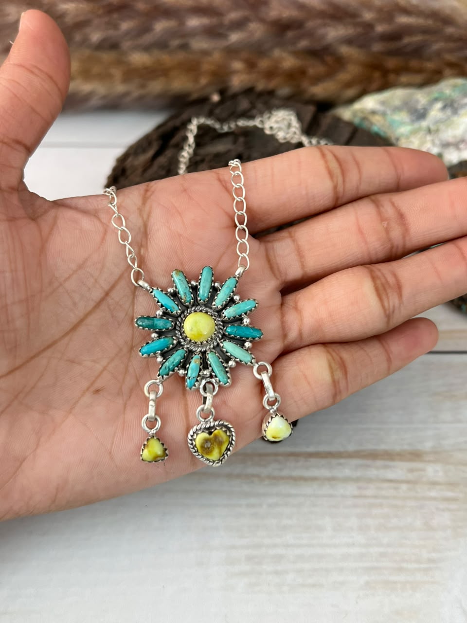 Handmade Sterling Silver Palomino with Kingman Turquoise Necklace Signed Nizhoni
