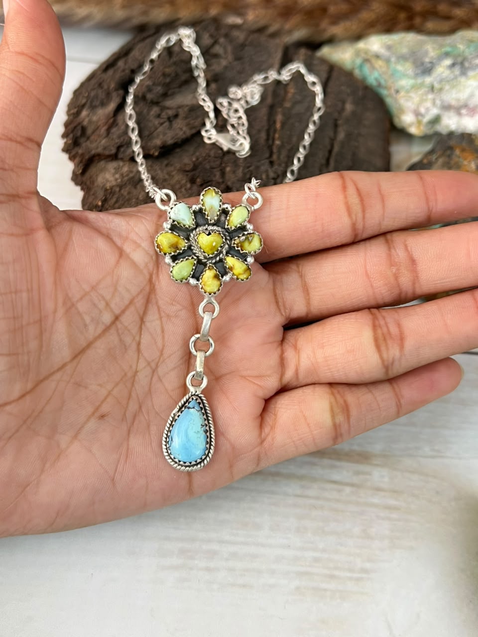 Handmade Sterling Silver Golden Hills with Palomino Turquoise Necklace Signed Nizhoni