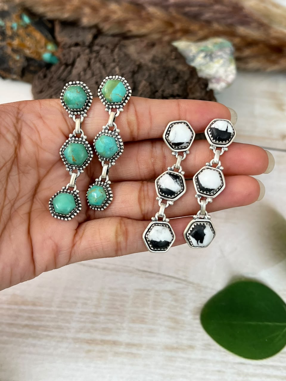 Handmade Sterling Silver Kingman Turquoise and White Buffalo Post Dangle Earrings Signed Nizhoni