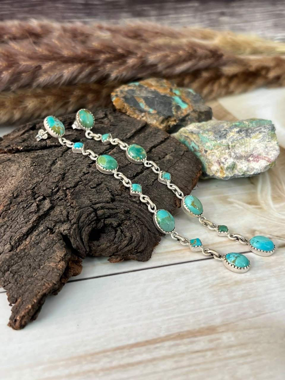 Handmade Sterling Silver Kingman Turquoise Post Dangle Earrings Signed Nizhoni