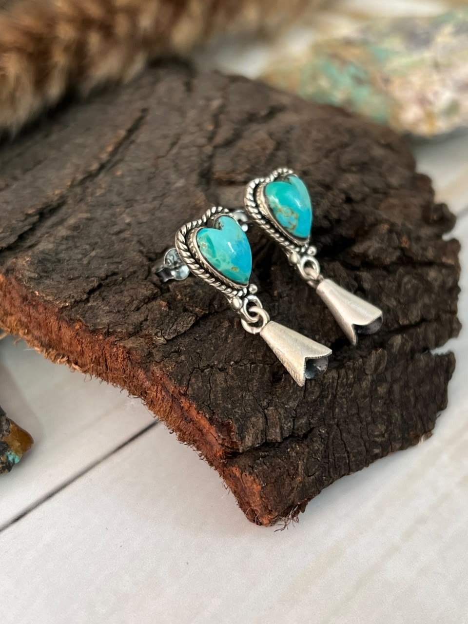 Handmade Sterling Silver Kingman Turquoise Post Squash Blossom Heart Dangle Earrings Signed Nizhoni