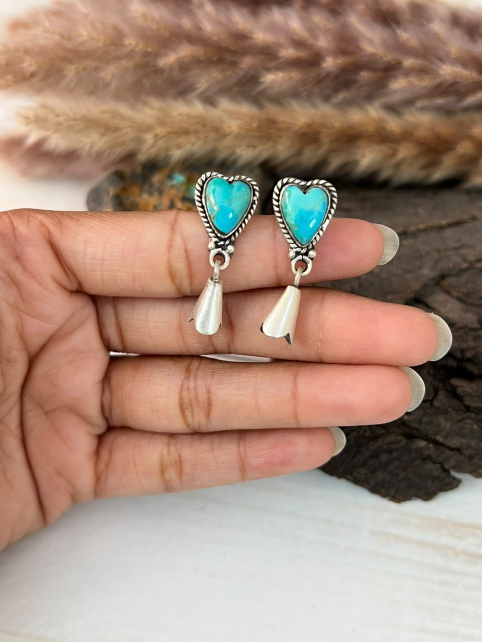 Handmade Sterling Silver Kingman Turquoise Post Squash Blossom Heart Dangle Earrings Signed Nizhoni