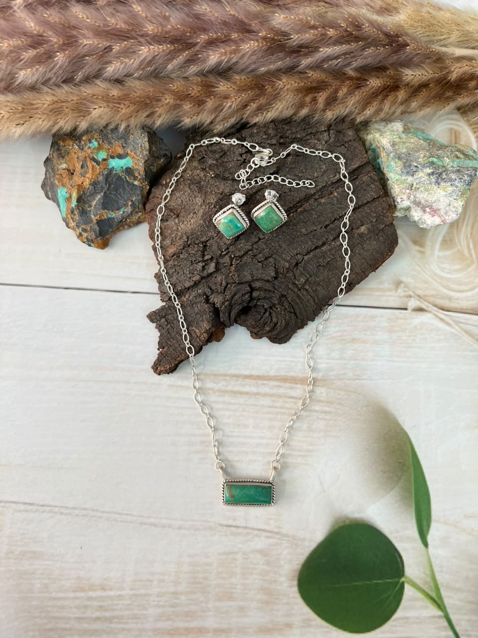 Handmade Sterling Silver Hachita Turquoise Necklace and Earrings Set Signed Nizhoni