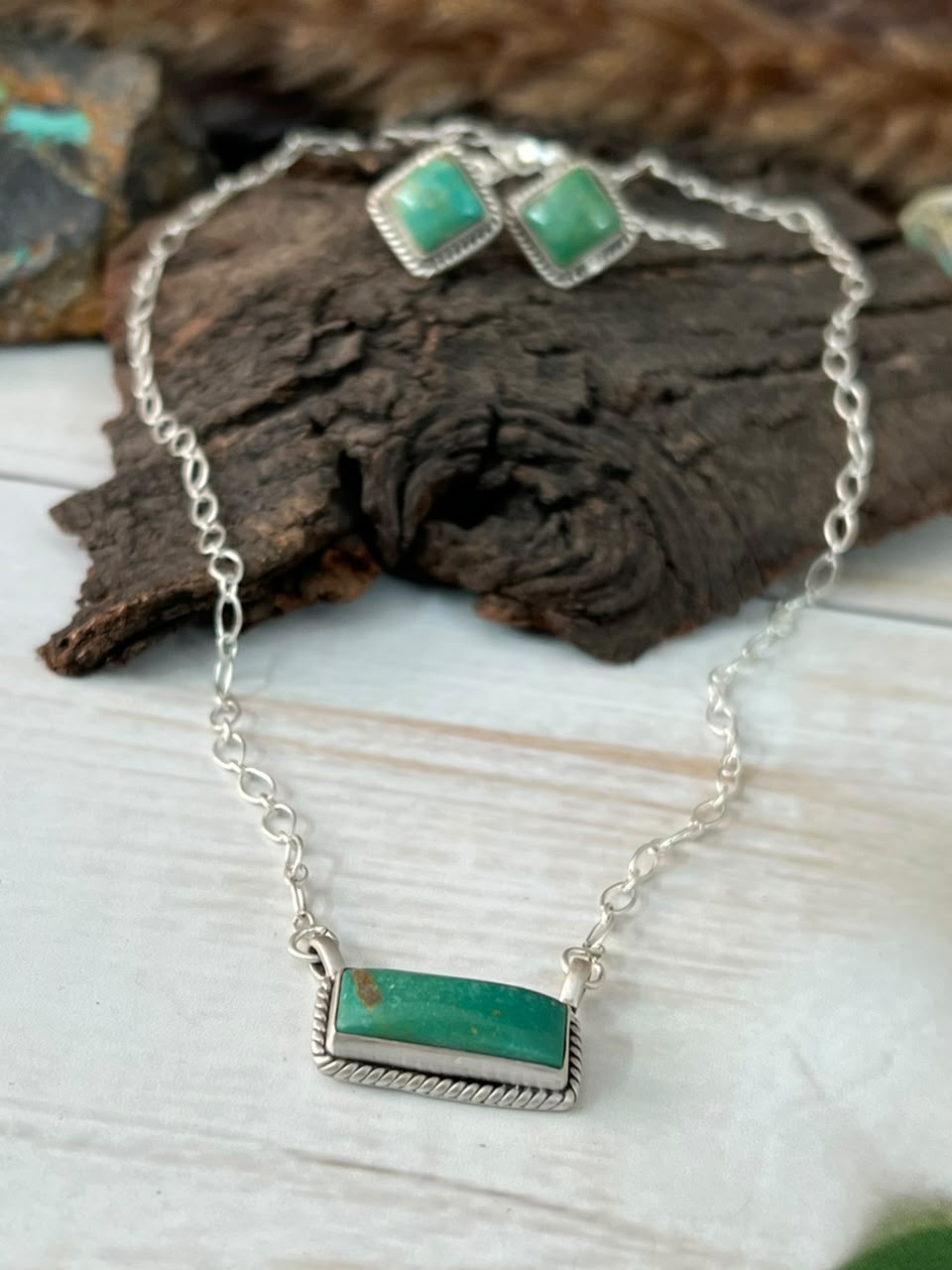 Handmade Sterling Silver Hachita Turquoise Necklace and Earrings Set Signed Nizhoni