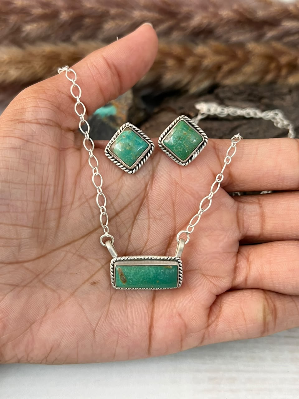 Handmade Sterling Silver Hachita Turquoise Necklace and Earrings Set Signed Nizhoni