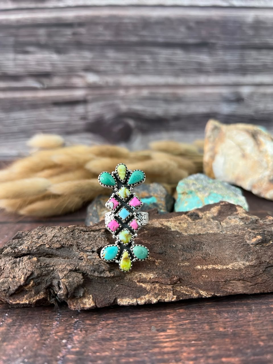 Handmade Sterling Silver Carico Lake with Palomino Turquoise and Cotton Candy Adjustable Ring Signed Nizhoni (6)