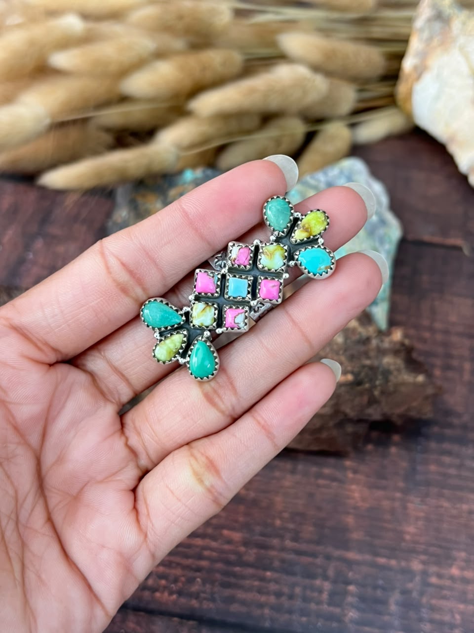 Handmade Sterling Silver Carico Lake with Palomino Turquoise and Cotton Candy Adjustable Ring Signed Nizhoni (6)