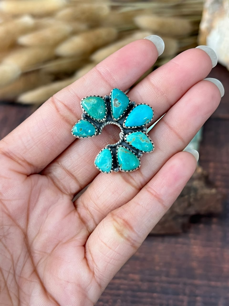 Handmade Sterling Silver Hachita Turquoise Naja Adjustable Ring Signed Nizhoni
