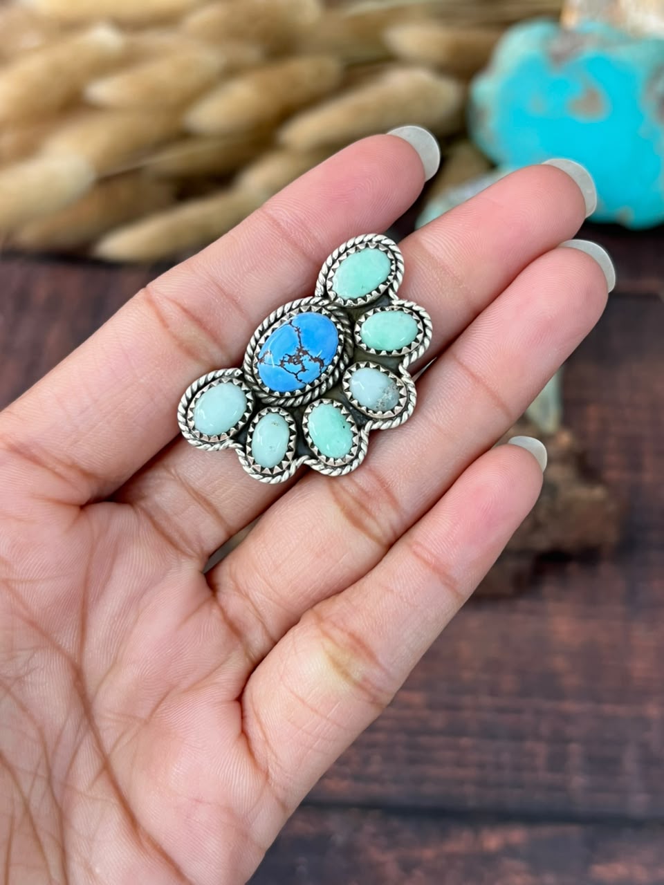 Handmade Sterling Silver Paloma with Golden Hills Turquoise Adjustable Ring Signed Nizhoni