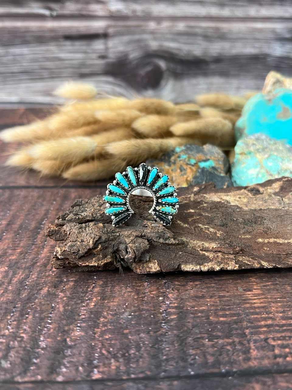 Handmade Sterling Silver White Buffalo with Kingman Turquoise Naja Adjustable Ring Signed Nizhoni
