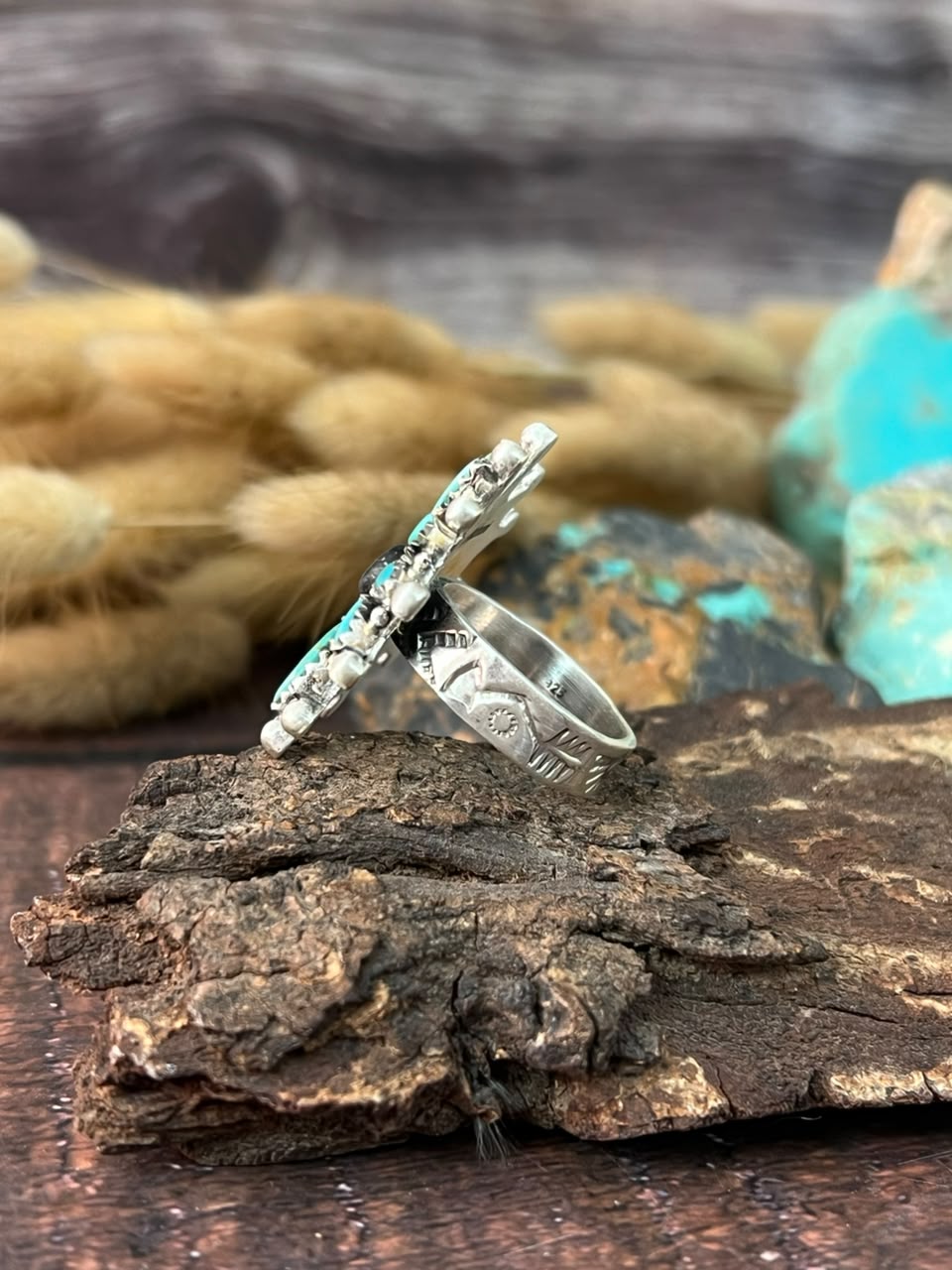 Handmade Sterling Silver White Buffalo with Kingman Turquoise Adjustable Ring Signed Nizhoni