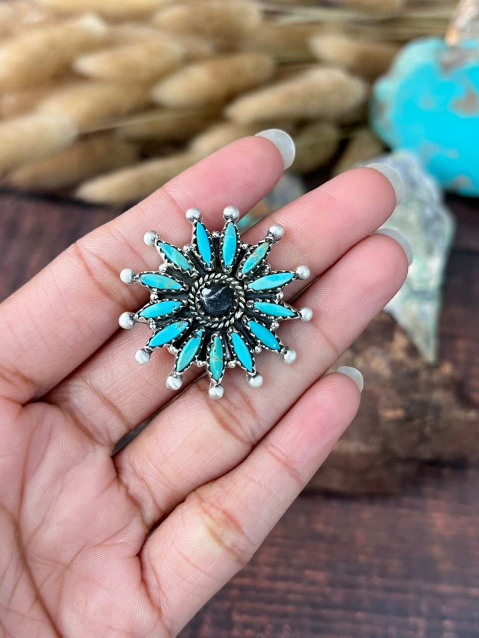 Handmade Sterling Silver White Buffalo with Kingman Turquoise Adjustable Ring Signed Nizhoni