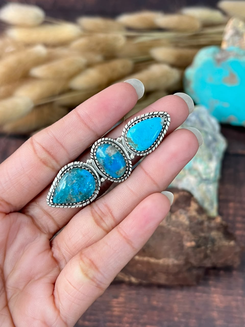 Handmade Sterling Silver Ithaca Peak Turquoise Adjustable Ring Signed Nizhoni