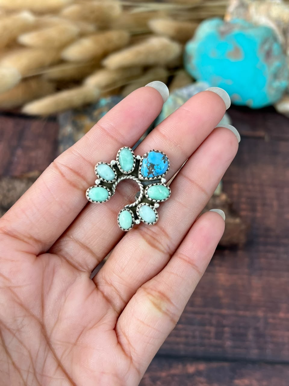 Handmade Sterling Silver Paloma with Golden Hills Turquoise Naja Adjustable Ring Signed Nizhoni (9)