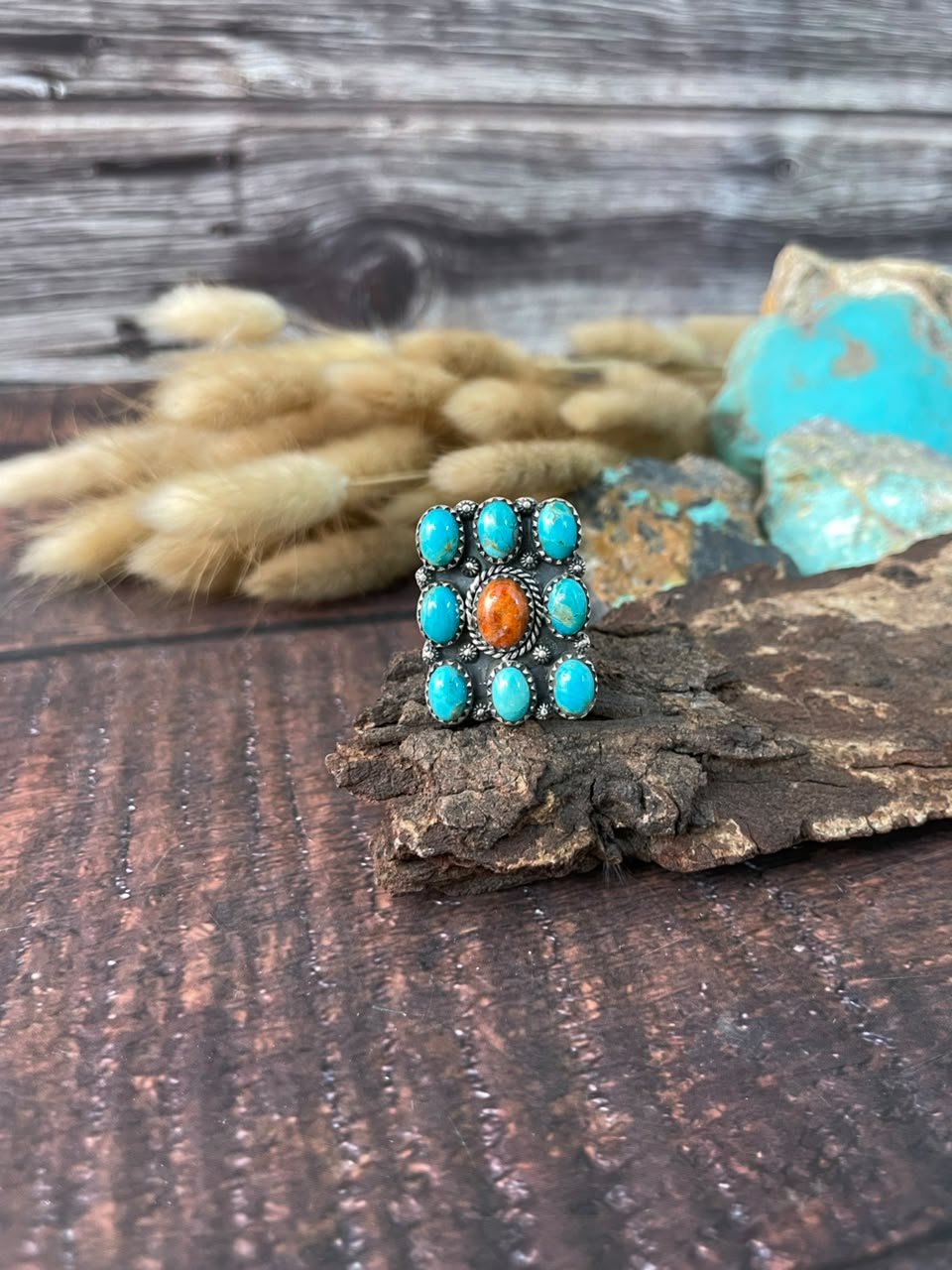 Handmade Sterling Silver Orange Mojave with Kingman Turquoise Adjustable Ring Signed Nizhoni