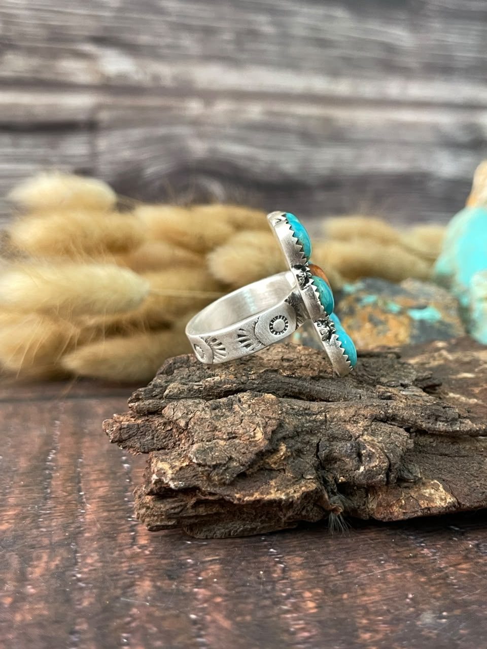 Handmade Sterling Silver Orange Mojave with Kingman Turquoise Adjustable Ring Signed Nizhoni