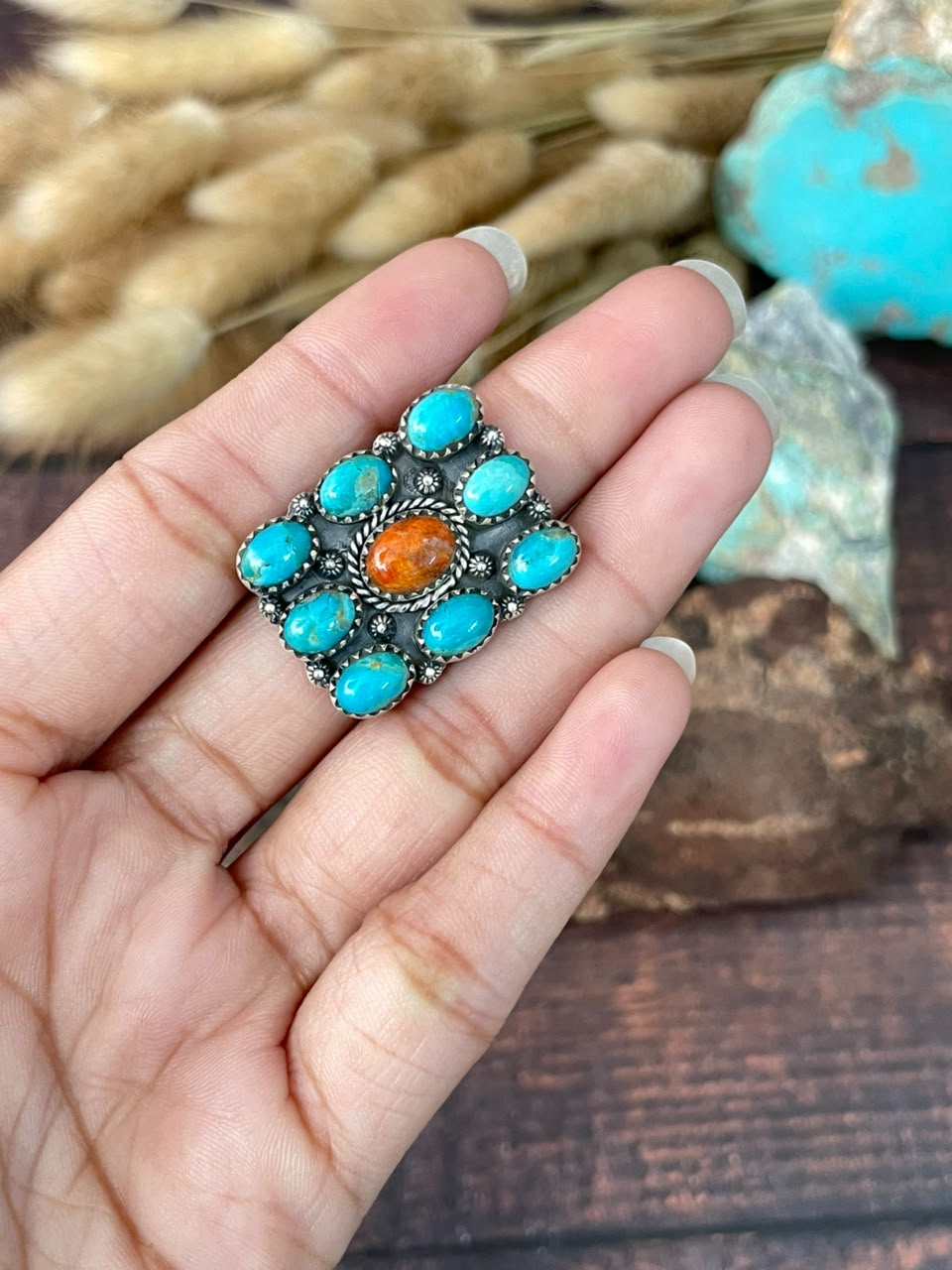 Handmade Sterling Silver Orange Mojave with Kingman Turquoise Adjustable Ring Signed Nizhoni