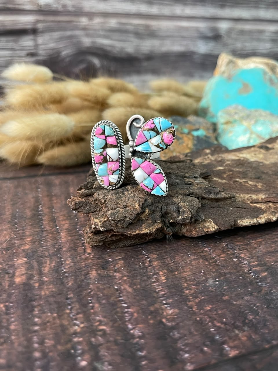Handmade Sterling Silver Cotton Candy Cobble Stone Adjustable Ring Signed Nizhoni