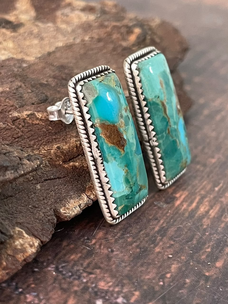 Handmade Sterling Silver Kingman Turquoise Bar Post Studs Earrings Signed Nizhoni
