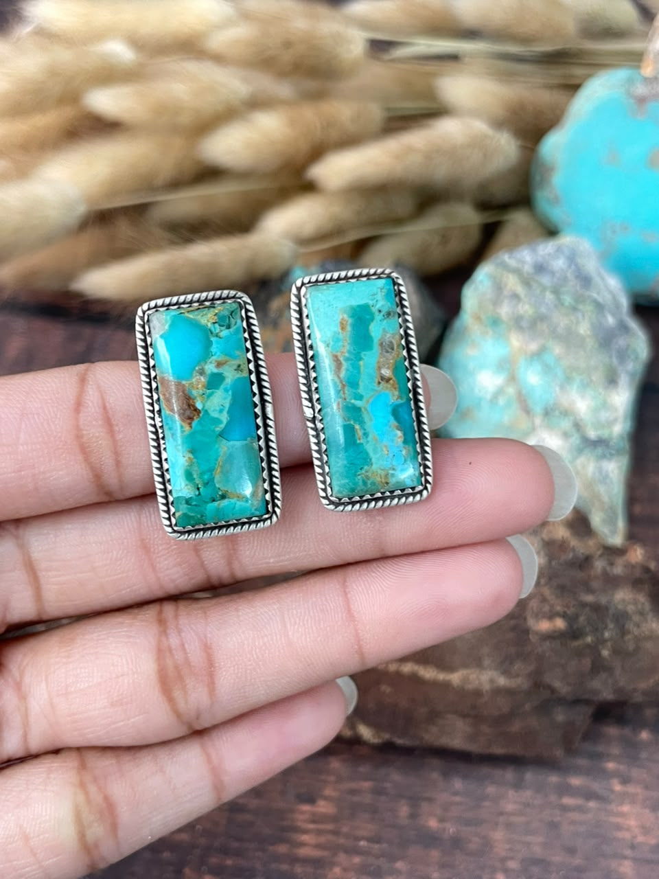 Handmade Sterling Silver Kingman Turquoise Bar Post Studs Earrings Signed Nizhoni