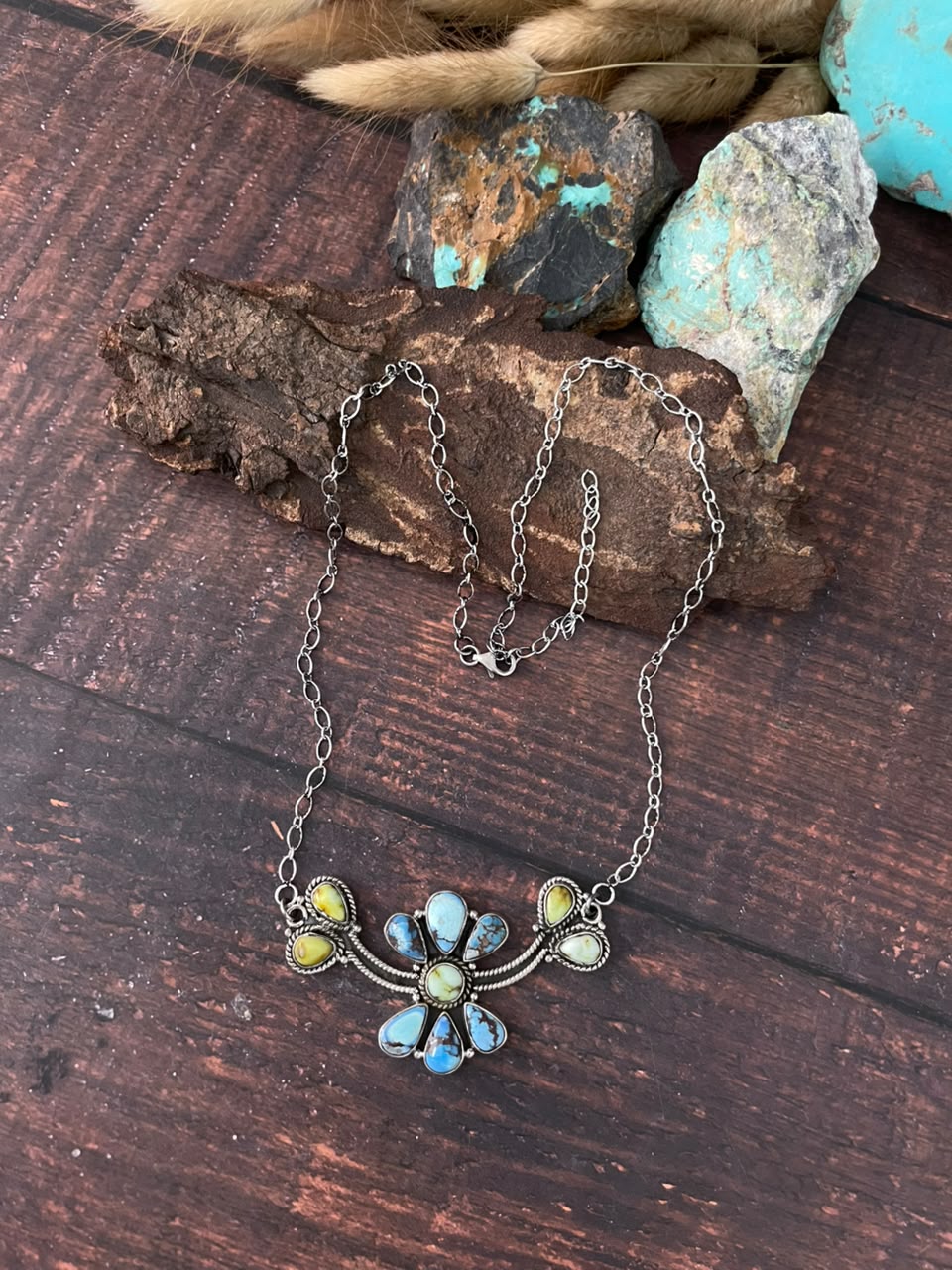 Handmade Sterling Silver Palomino with Golden Hills Turquoise Necklace Signed Nizhoni