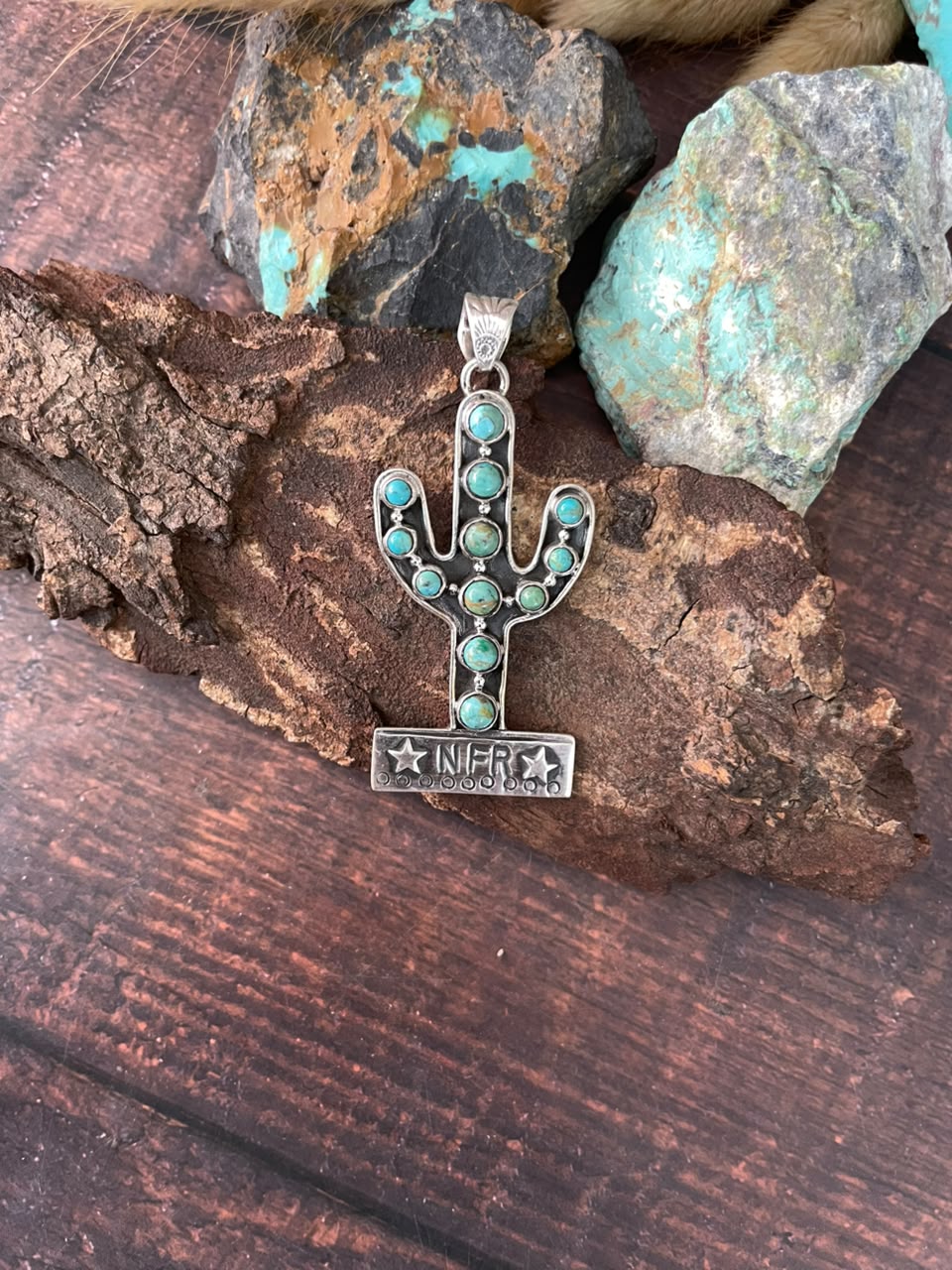 Handmade Sterling Silver Kingman Turquoise NFR Collection: Cactus Pendant Signed Nizhoni