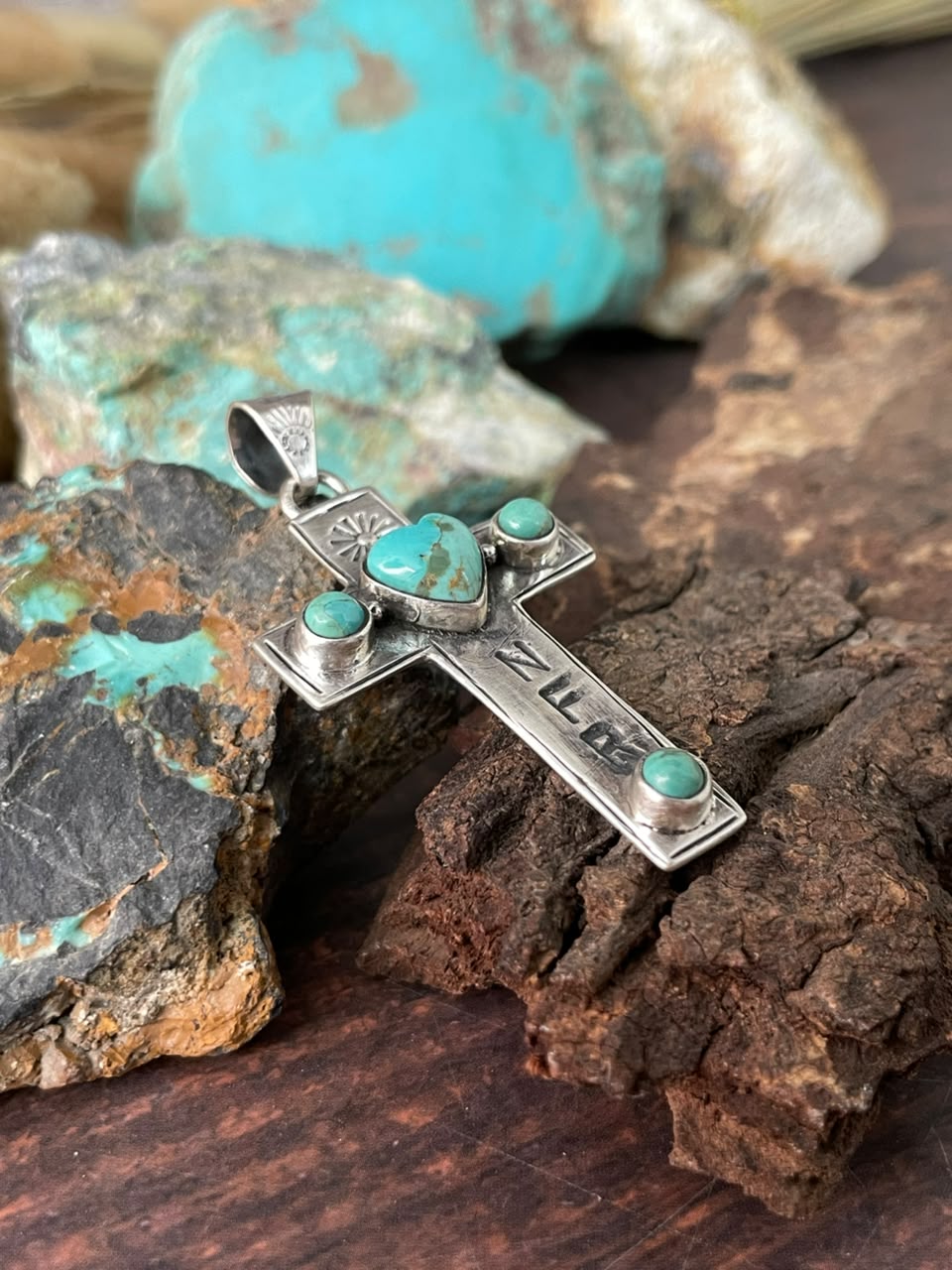 Handmade Sterling Silver Kingman Turquoise NFR Collection: Cross Pendant Signed Nizhoni