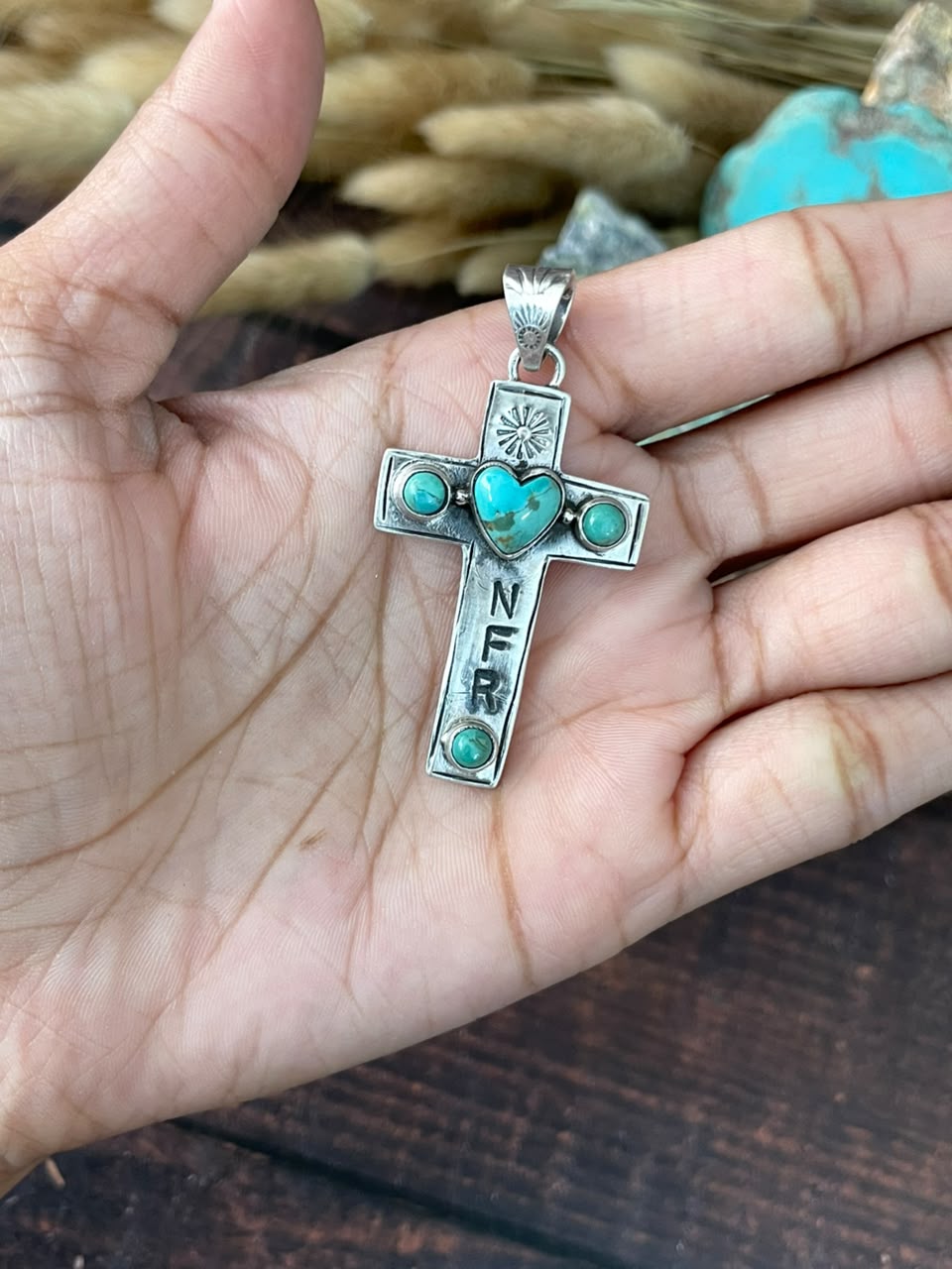 Handmade Sterling Silver Kingman Turquoise NFR Collection: Cross Pendant Signed Nizhoni