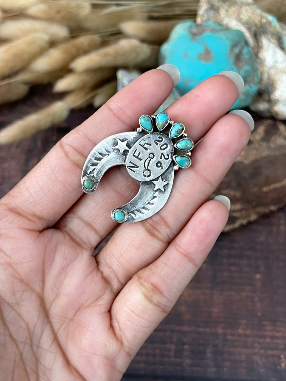 Handmade Sterling Silver Kingman Turquoise NFR Collection: Naja Adjustable Ring Signed Nizhoni