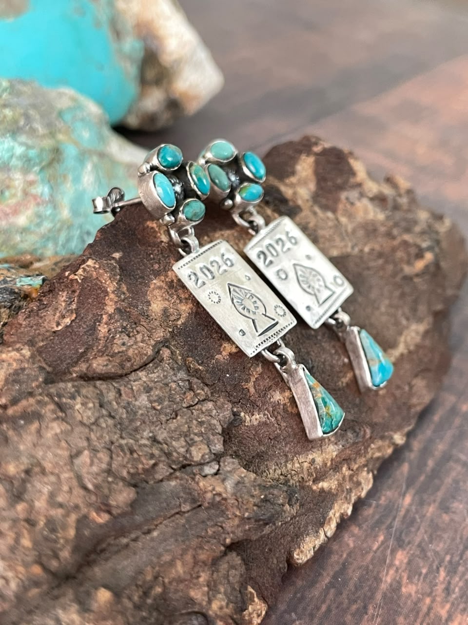 Handmade Sterling Silver Kingman Turquoise NFR Collection: Post Dangle Earrings Signed Nizhoni
