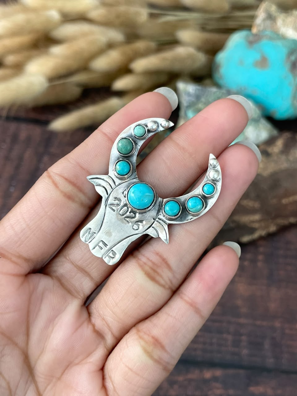 Handmade Sterling Silver Kingman Turquoise NFR Collection: Bull Head Adjustable Ring Signed Nizhoni