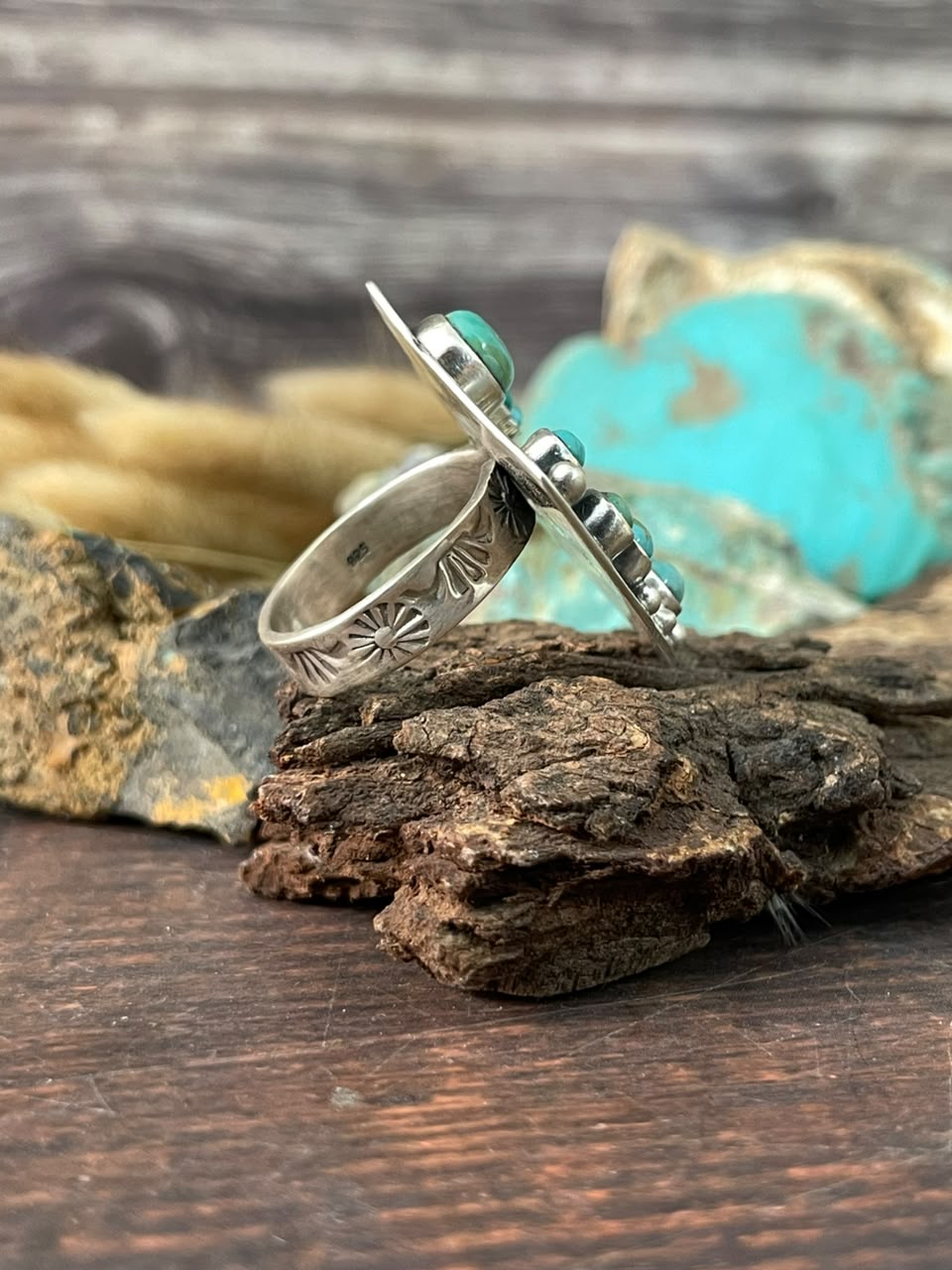 Handmade Sterling Silver Kingman Turquoise NFR Collection: Adjustable Ring Signed Nizhoni