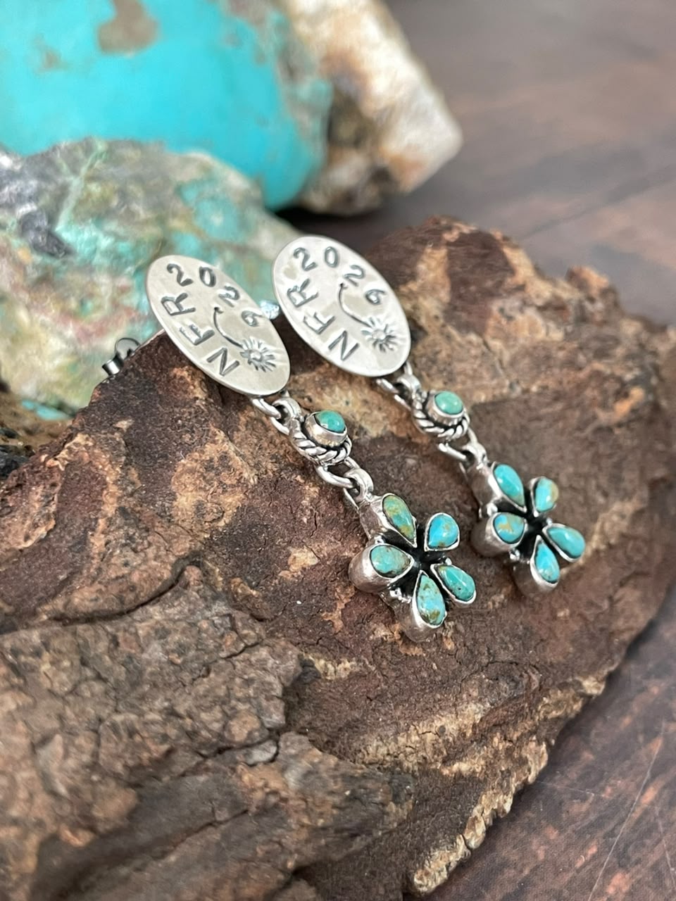 Handmade Sterling Silver Kingman Turquoise NFR Collection: Post Dangle Earrings Signed Nizhoni