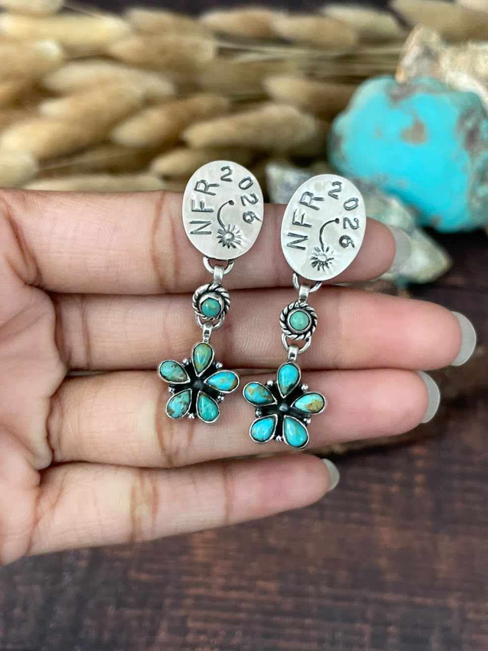 Handmade Sterling Silver Kingman Turquoise NFR Collection: Post Dangle Earrings Signed Nizhoni