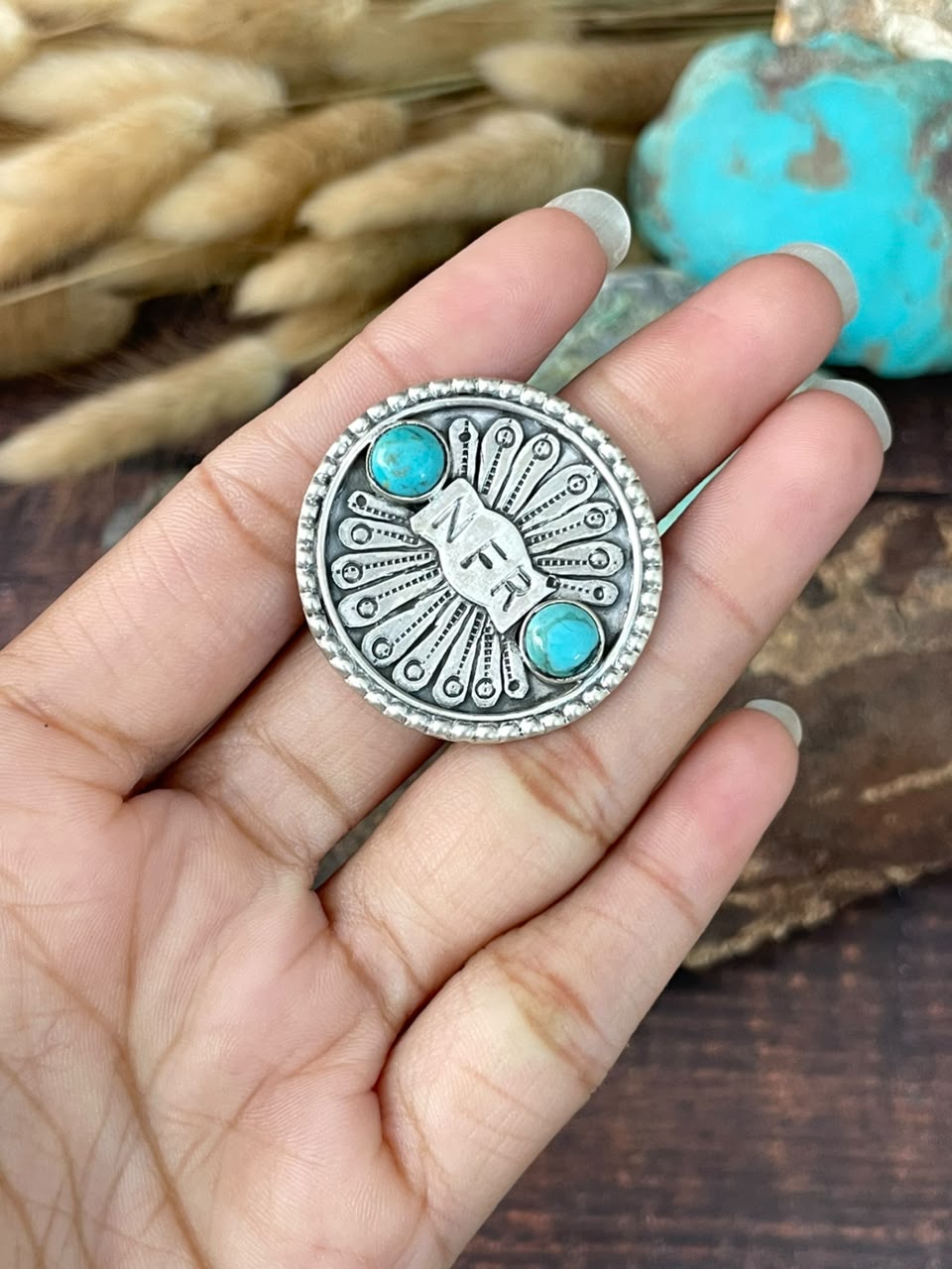 Handmade Sterling Silver Kingman Turquoise NFR Collection: Adjustable Ring Signed Nizhoni