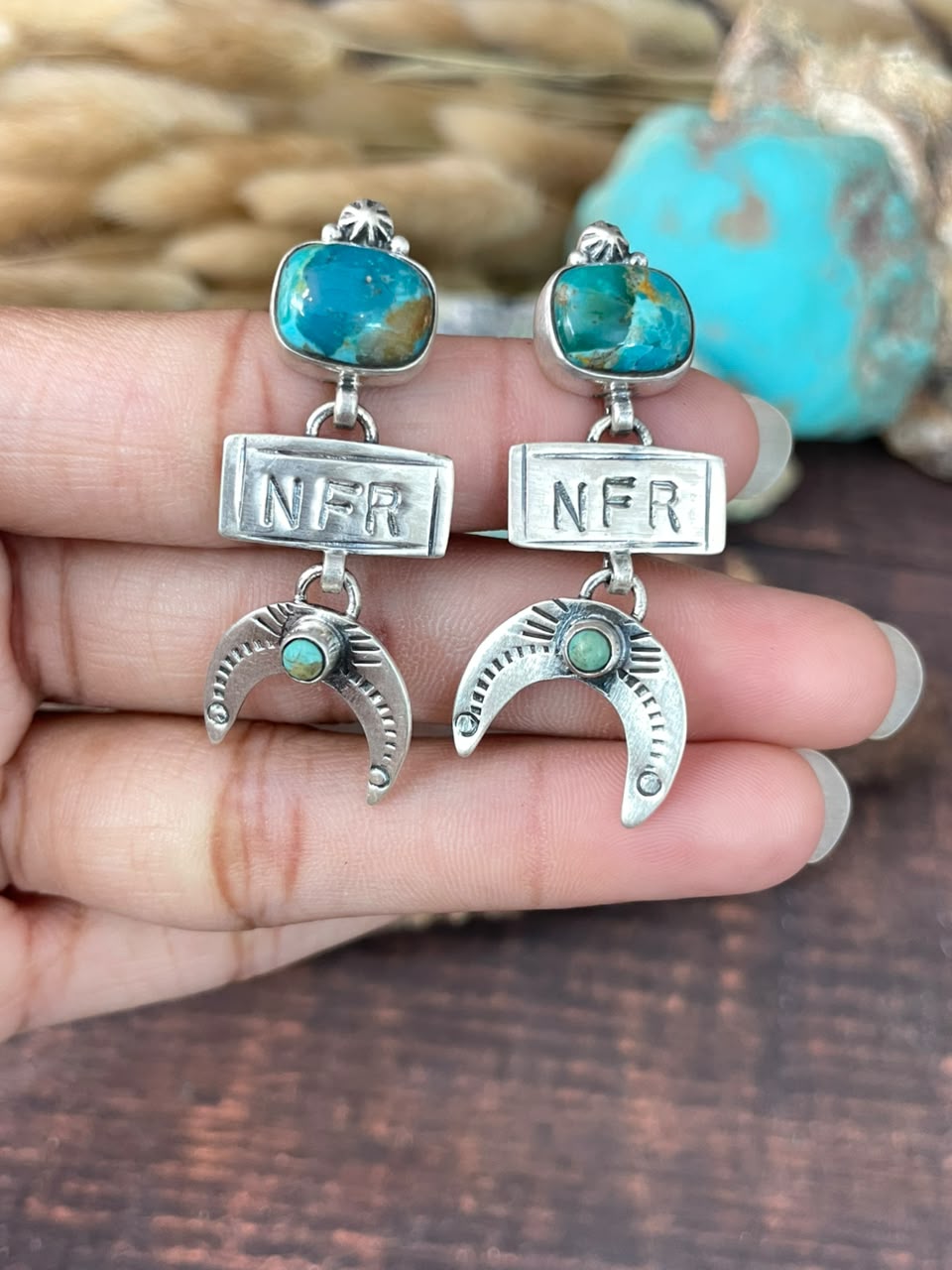 Handmade Sterling Silver Kingman Turquoise NFR Collection: Post Dangle Earrings Signed Nizhoni