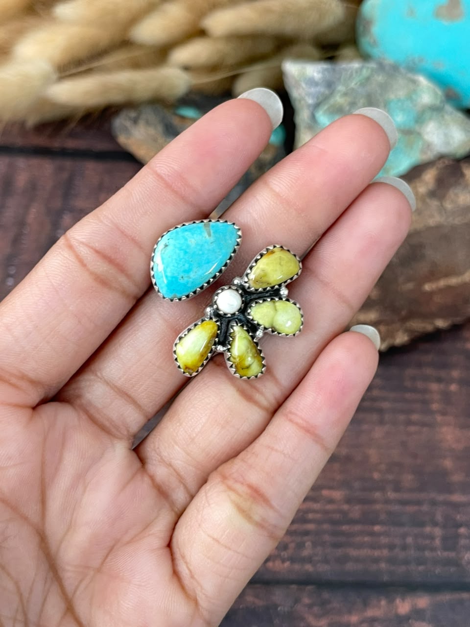 Handmade Sterling Silver Santa Maria with Palomino Turquoise Adjustable Ring Signed Nizhoni