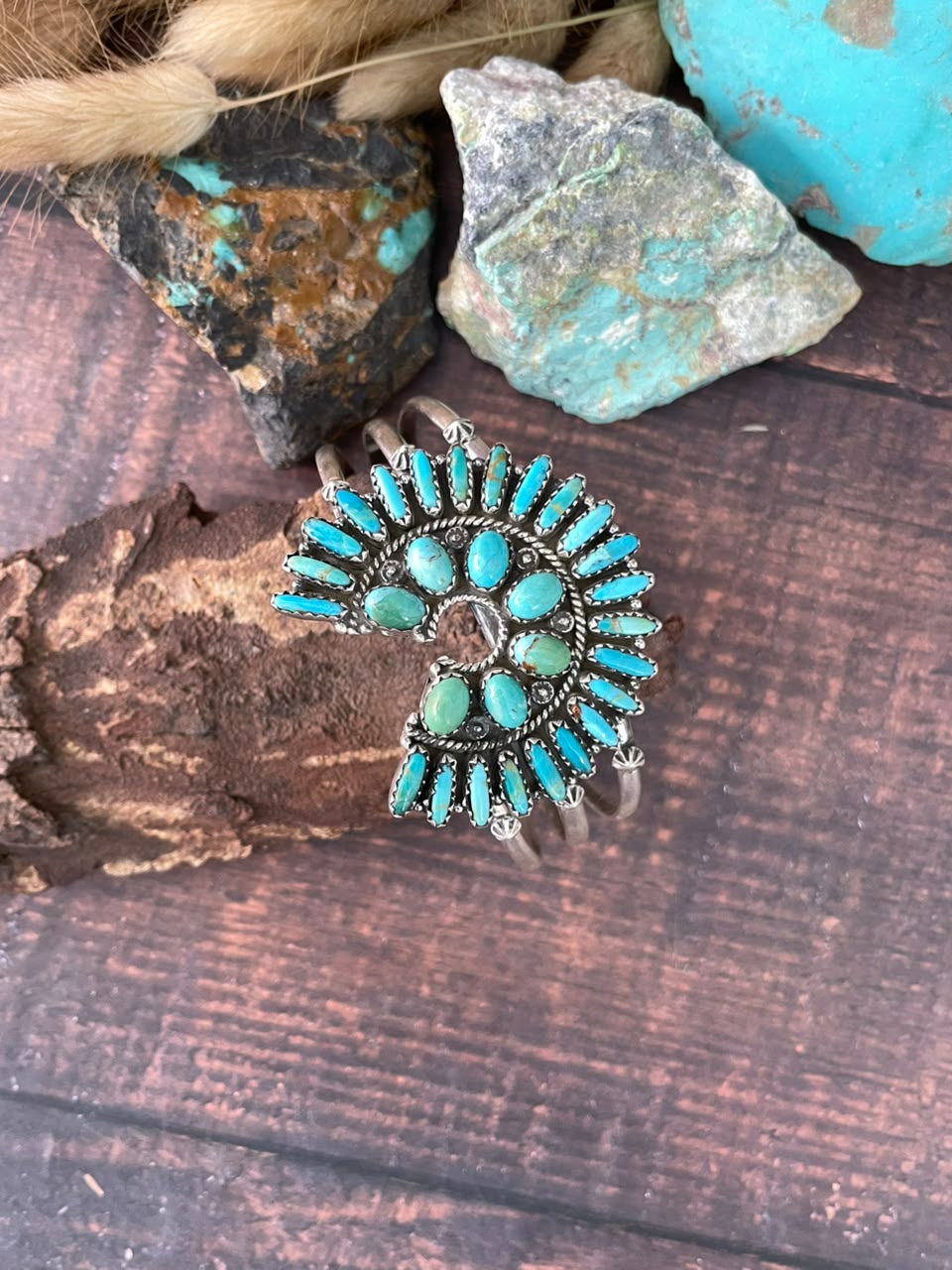 Handmade Sterling Silver Kingman Turquoise Naja Cuff Bracelet Signed Nizhoni (5)
