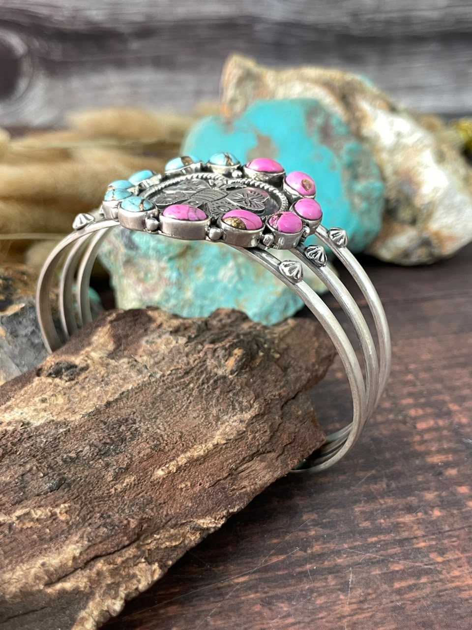Handmade Sterling Silver Cotton Candy Heart Cuff Bracelet Signed Nizhoni