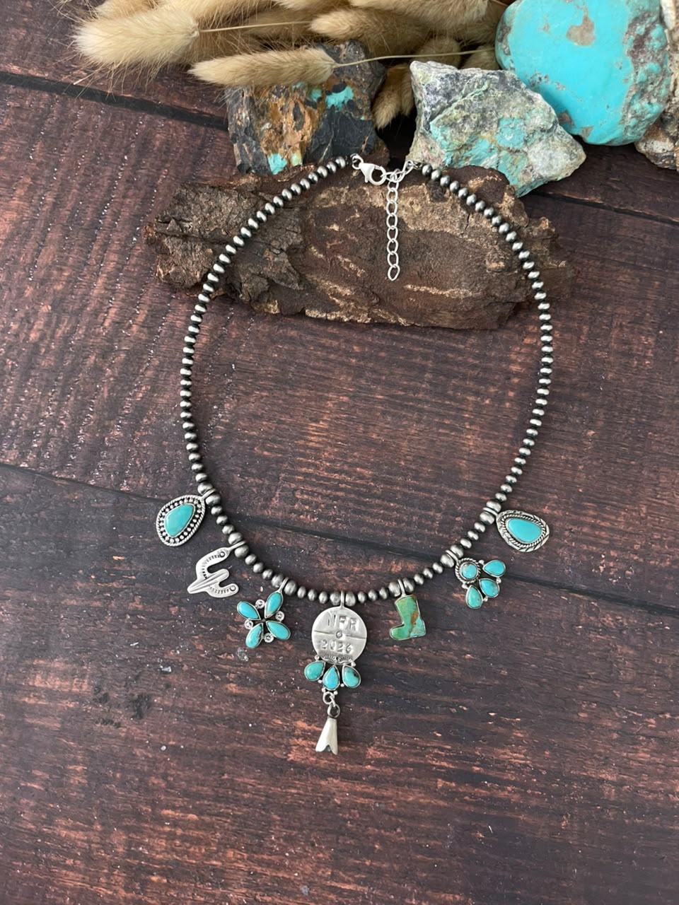 Handmade Sterling Silver Kingman Turquoise NFR Collection: Beaded Necklace Signed Nizhoni