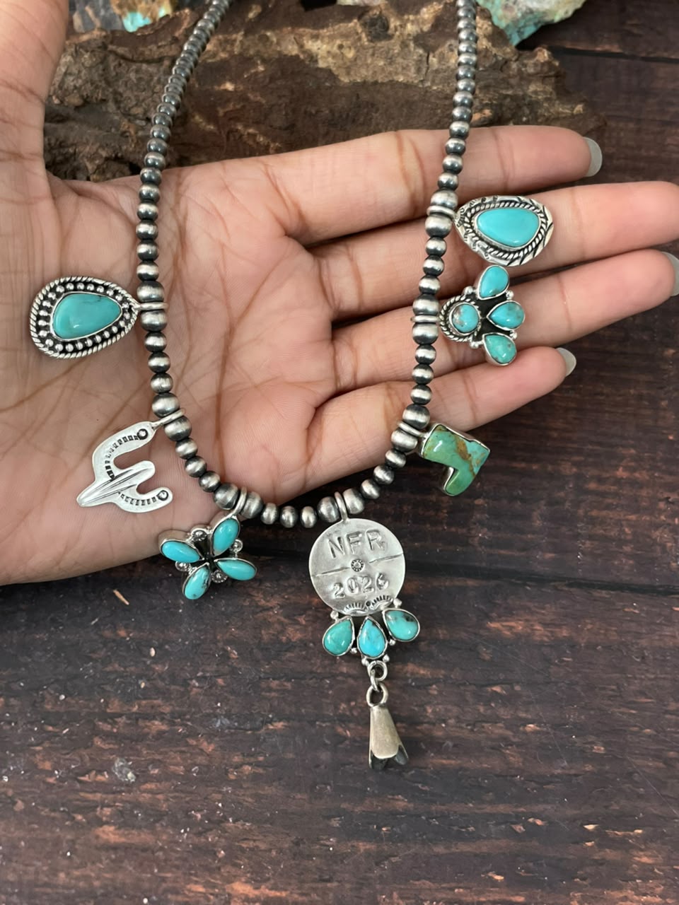 Handmade Sterling Silver Kingman Turquoise NFR Collection: Beaded Necklace Signed Nizhoni
