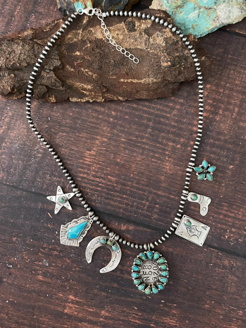 Handmade Sterling Silver Kingman Turquoise NFR Collection: Beaded Necklace Signed Nizhoni